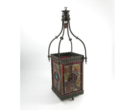 A Victorian lantern, with four coloured leaded light etched glass panels within a hanging frame, lantern height approximately