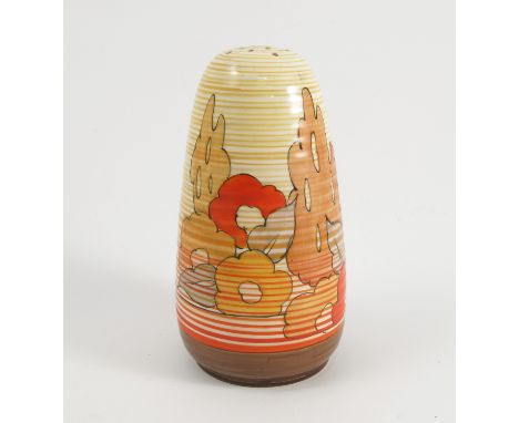 A Clarice Cliff sugar sifter, the ribbed body decorated in the Capri pattern from the Bizarre range, height 5ins   Condition 