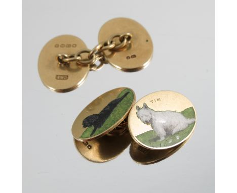 A pair of 18 carat gold enamel cufflinks, Birmingham 1926, one oval panel of a white Highland Terrier, inscribed 'Tim', the o