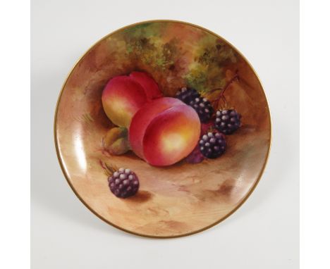 A Royal Worcester circular dish, decorated with fruit to a mossy background, unsigned, dated 1935, diameter 3.5ins   Conditio