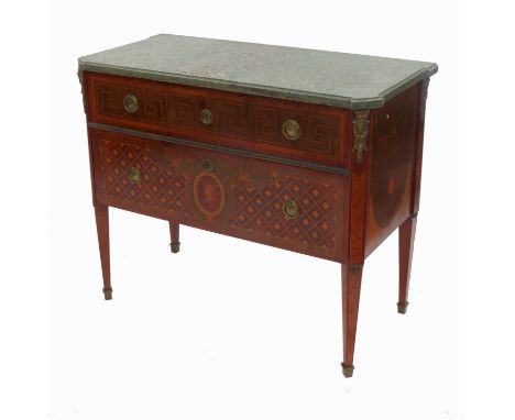 A continental commode, having two drawers below a green marble top with parquetry and other decoration, gilt metal mounts and