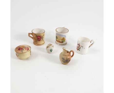 Three Royal Worcester blush ivory miniatures, to include a mug, a flat back jug and a circular covered pot, all decorated wit