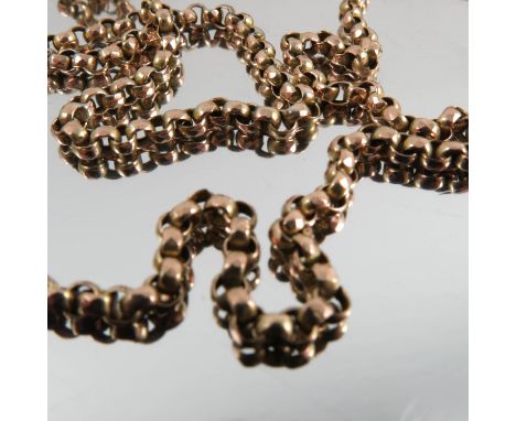 A guard chain, tagged '9ct', of round faceted belcher links, with a swivel, 134cm long, 20.7g gross