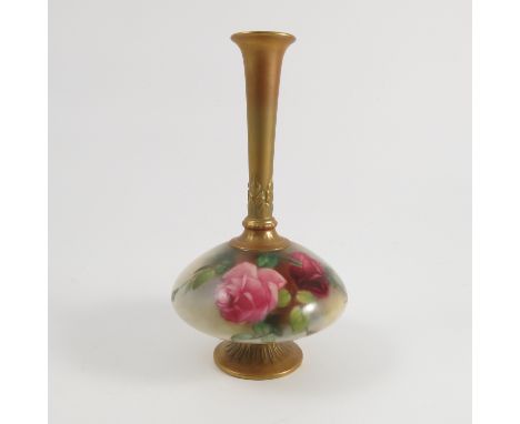 A Royal Worcester vase, decorated with roses to the squat body, with tall slender gilded neck, shape number 1748, dated 1912,