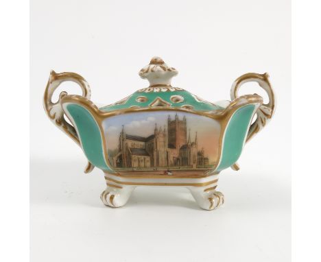 A 19th century Grainger and Co Worcester miniature covered tureen, the cover being pierced, the base with a pair or scroll ha