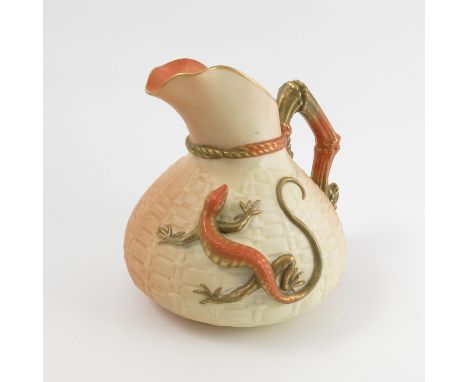 A Royal Worcester blush ivory jug, with basket weave body, twig moulded handled and a lizard, shape number 1714, dated 1904, 