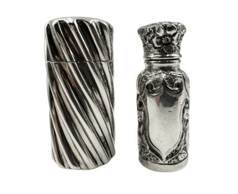 Victorian silver cylindrical scent flask of spiral design with hinged cover and interior glass stopper H5.5cm London 1894 Mak