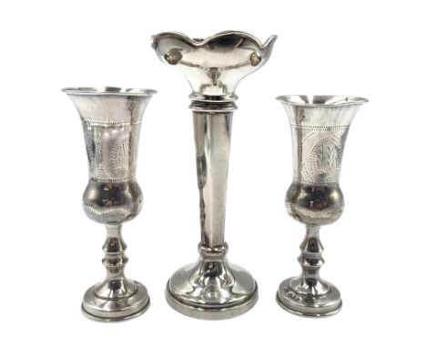 Pair of silver Kiddush cups with engraved decoration H10cm London 1920 Maker J Zeving (or Joseph Zweig) and a silver bud vase