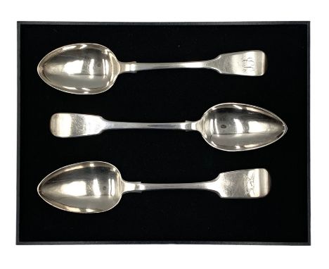 Victorian silver fiddle pattern table spoon London 1853, another London 1840 Maker William Eaton and another Exeter 1830 Make