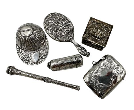 Silver jockey's cap caddy spoon Sheffield 1989, miniature silver backed hand mirror Birmingham 1905 Maker Crisford &amp; Norr