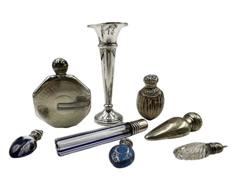 Miniature Edwardian ceramic and silver scent flask Birmingham 1902, tapering silver scent flask, another of fluted design, Mu