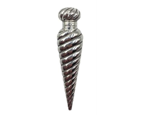 Late Victorian silver scent flask of spiralling conical form with hinged cover and interior glass stopper L12.5cm Birmingham 