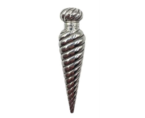 Late Victorian silver scent flask of spiralling conical form with hinged cover and interior glass stopper L12.5cm Birmingham 