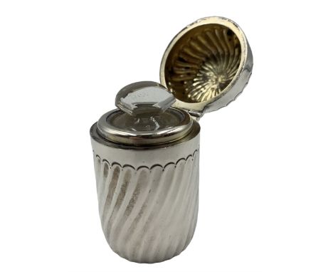 Victorian silver cylindrical scent flask of spiral design,  domed hinged cover and interior glass stopper H6cm Birmingham 188