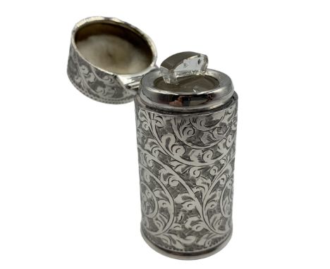 Edwardian silver cylindrical scent flask engraved with scrolls and trailing leaves, hinged cover with interior glass stopper 