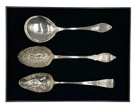 Victorian silver 'berry spoon' with engraved pointed finial London 1844, another London 1816 maker Thomas Purver and a Danish