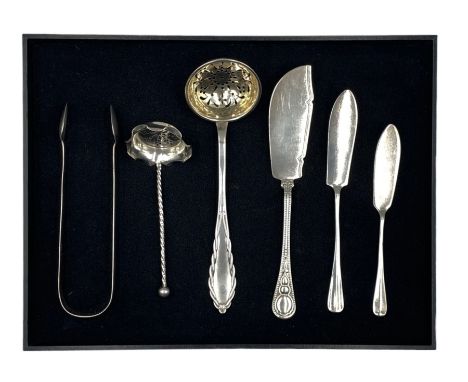 Danish silver sifting spoon 1909 Maker C Holm, another with spiral stem Birmingham 1899, pair of early 19th century silver su