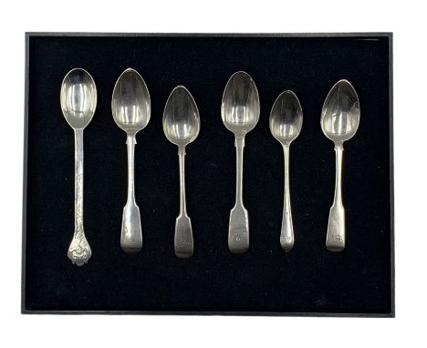  Scottish Provincial silver fiddle pattern teaspoon by William S Ferguson, Elgin, anotherby George Jamieson, Aberdeen, anothe