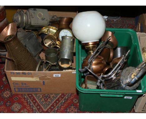 Two boxes of mixed metalwares including a copper based oil lamp, copper jugs, silver plated spirit kettle, two carriage lante