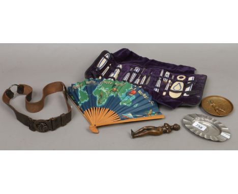 A group of collectables including an ornate ivorine vanity set with gilt and painted decoration, a golf themed ash tray, bron