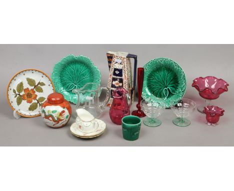 A collection of ceramics and glassware to include uranium glass, ruby glass, Royal Doulton, Gouda, Wedgwood etc.