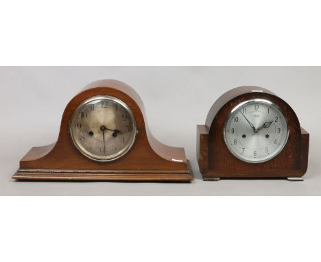 A Smiths Enfield oak cased mantel clock along with a mahogany cased mantel clock.