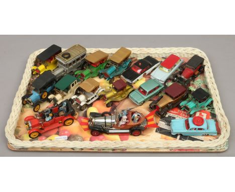 A tray of unboxed Dinky and Corgi Diecast model cars to include Corgi Chitty Chitty Bang Bang, Corgi motor school and manual 