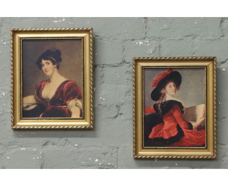 A small pair of gilt framed portrait prints of ladies. 