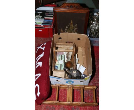 A box of miscellaneous and collectables including agate, wire bottle rack, firescreen and silver plated coffee pot etc.