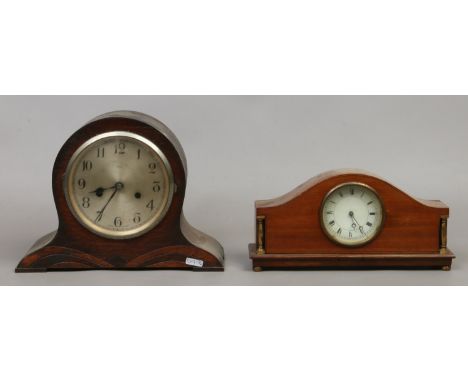 A Victorian satinwood strung inlay mantel clock, along with an oak cased 1940s example.