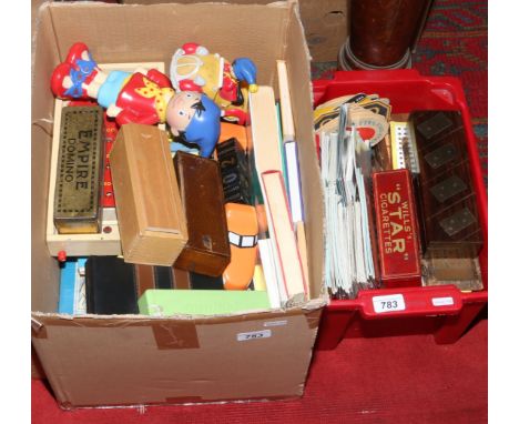 Two boxes to include vintage childrens toys books, miniature Chad Valley bagatelle, dominoes etc.