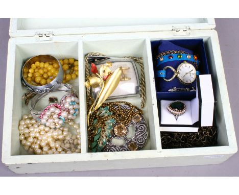 A box of vintage costume jewellery including dress watch, simulated pearl and coloured paste bangle and Celtic style plaid br