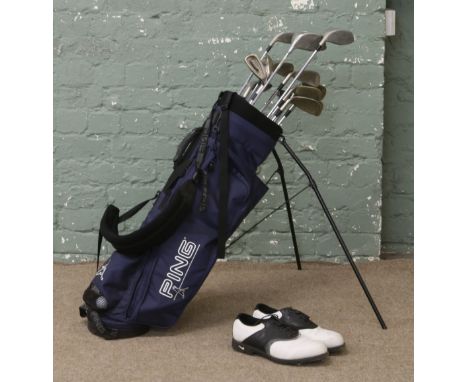 A set of Dunlop golf clubs in Ping caddy along with a pair of golf shoes, size 10.