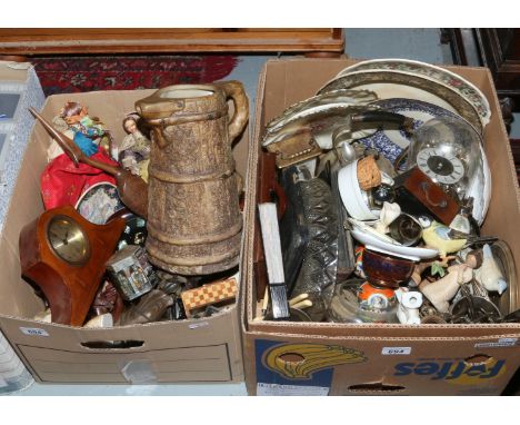 Two boxes of miscellaneous including a mantel clock, vintage world dolls, Aynsley, Shelley, Wedgwood, silver plate, ornaments