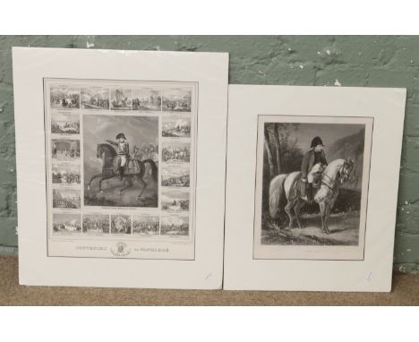 Two large mounted engravings. Portrait of Napoleon on horseback.