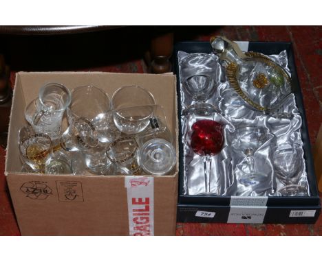 A box of glasswares to include Dartington ruby wine, Babycham and a C19th rummer.
