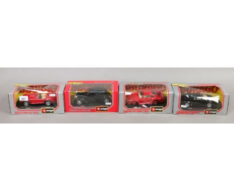 Four boxed Burago 1/24 scale Diecast metal model cars including Lamborghini, Ford, Porsche and Citroen.