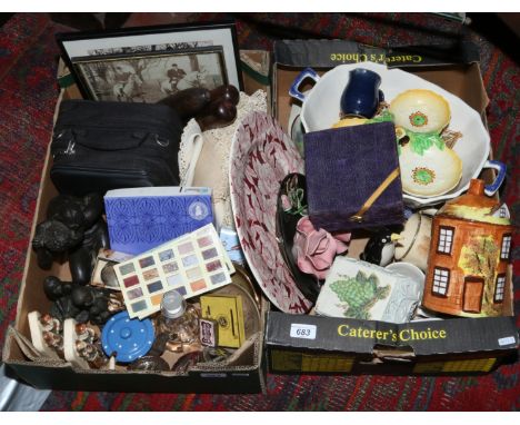 Two boxes of miscellaneous including Wedgwood blue and white, Poole, Denby, portable car DVD player in case, mixed linen, orn