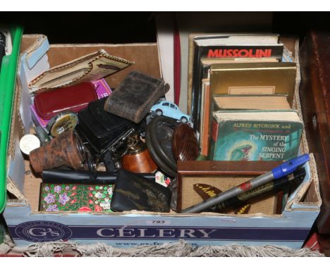 A box of collectables vintage books, cameras, smoking related items, cased binoculars, post cards etc