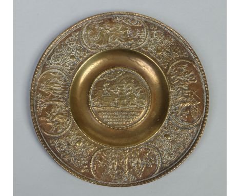 A German bronze 'Kurfurstenteller' small dish. Decorated with relief panels, one to the centre with the sacrifice of Noah ins