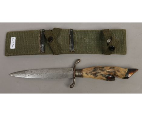 An Austrian hunting knife with taxidermy deer hoof handle including canvas sheath Crown Cutlery Co.