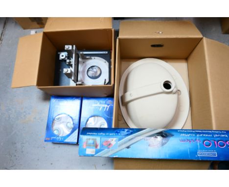A Rak Ceramics over counter vanity bowl (boxed), a boxed Routalift, two halogen light kits (3 light) and other. [5]