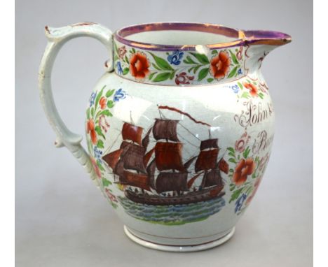 A Sunderland lustre jug with loop handle; inscribed: 'John and Mary Bambe/Born 1751/Aged 77 years'; the exterior also portray
