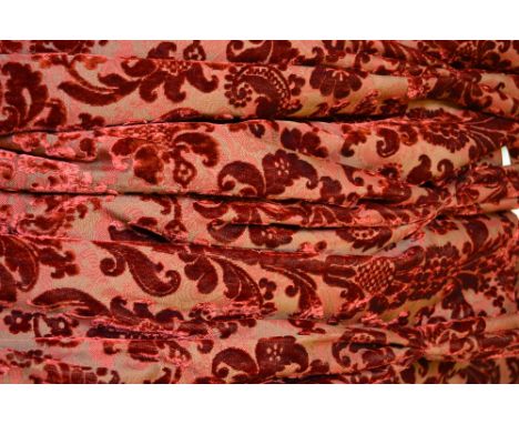 A pair of deep red velvet damask curtains, with black-out lining and inter-lining, each curtain 128 cm wide x 220 cm drop Con