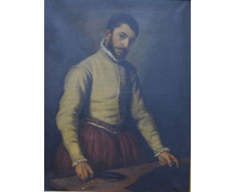 Continental school - Portrait of a gentleman cutting cloth, oil on canvas, 96 x 74 cm