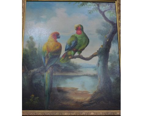 Continental school - A pair of exotic parrots on a branch in a landscape, oil on canvas, indistinctly signed lower left, 59 x