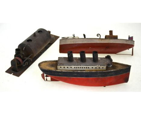 A Japanese CK tinplate steam-launch, 32 cm to/w a three-funnel clockwork cruise ship, 32 cm and a static steam engine (3 a/f)