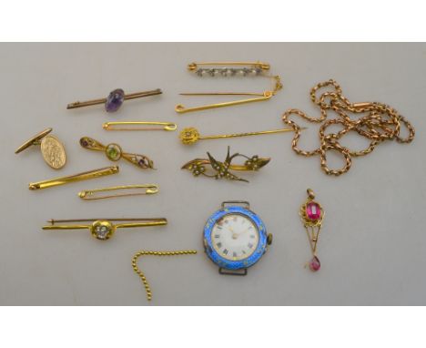 A lot containing four plain tie pins, five bar brooches set with diamond, amethyst, peridot, pearl etc, yellow metal pendant 