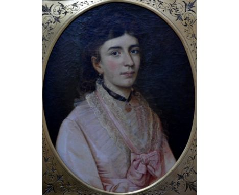 Beidermeier School - Portrait of a young lady in pink dress, oil on canvas, 63 x 50 cm