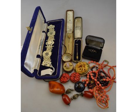 A collection of antique jewellery items including two diamond set stick pins (cased), Indian ivory chain and plaque bracelet 